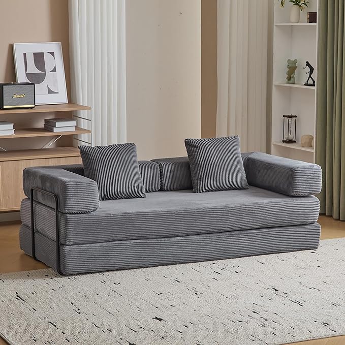 Convertible Sleeper Sofa Bed, Compression Folding Sofa with Pillow, No Assembly Required, Shape Frame, Floor Sofas Lounge Couch for Living Room, Bedroom, Small Spaces(Corduroy, 77''W, Dark Grey)