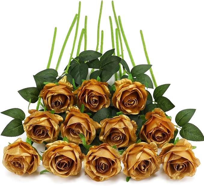 Gold Fake Roses Artificial Flowers - 16 Pcs Fake Artificial Roses Silk Flowers with Stems for Home Wedding Hotel Office Centerpiece Decor