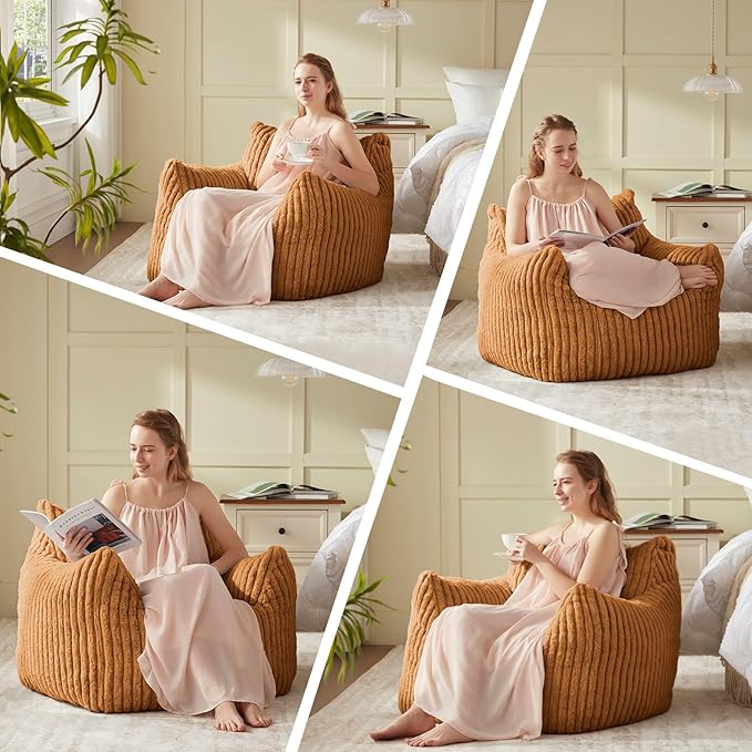 Giant Bean Bag Chairs for Adults Teens, Large Bean Bag Sofa Chairs with Filling Comfy Fuzzy BeanBag Chair with Armrests for Bedroom Living Room Reading (Brown, Medium)