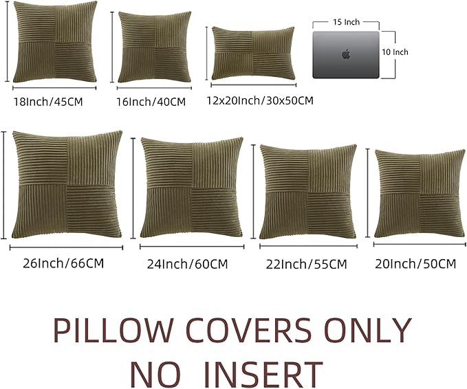 Fancy Homi 2 Packs Olive Green Decorative Throw Pillow Covers 22x22 Inch for Living Room Couch Bed Sofa, Rustic Farmhouse Boho Home Decor, Soft Corss Corduroy Patchwork Accent Cushion Case 55x55 cm
