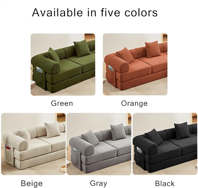 107" Oversized Convertible Sleeper Sofa Bed, Corduroy L Shape Sectional Couch, Folding Sofa Bed with Side Pocket, Modern Cloud Floor Mattress Couch, Modular Sofa for Living Room, Black