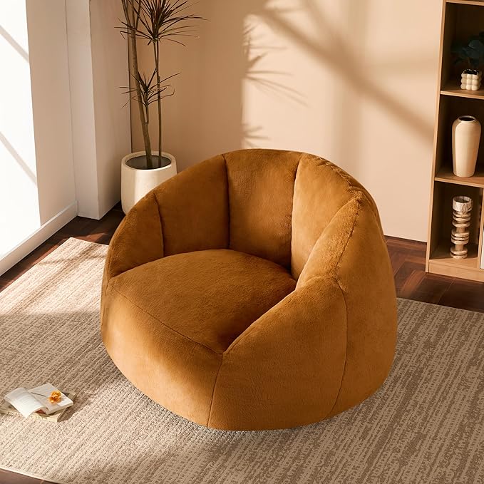 Giant Bean Bag Swivel Chair for Adults - Comfy Plush Round Shell Soft Accent Chair, Oversized Cozy Floor Sofa for Living Room, Bedroom & Game Rooms, Orange