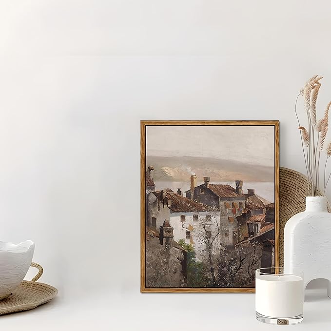 Floating Framed Vintage Canvas Wall Art, European Country Towns Wall Decor Oil Paintings Artwork, Rustic Farmhouse Posters Prints Pictures for Living Room Hallway Bedroom 8x10 inch