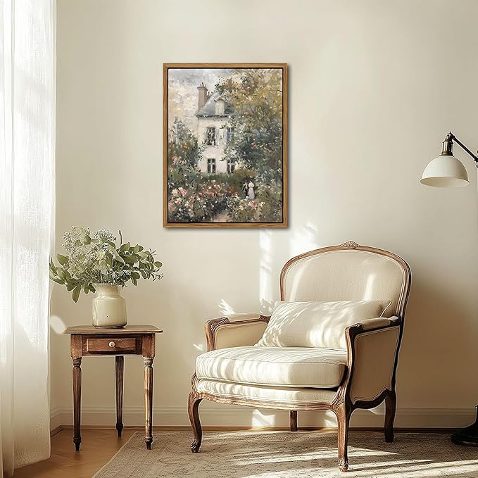 Floating Framed Canvas Vintage Wall Art, Neutral English Cottage Rose Garden Oil Paintings Print, Spring Pictures Wall Decor for Living Room Hallway Bedroom Office Rustic Decor 16x24 inch