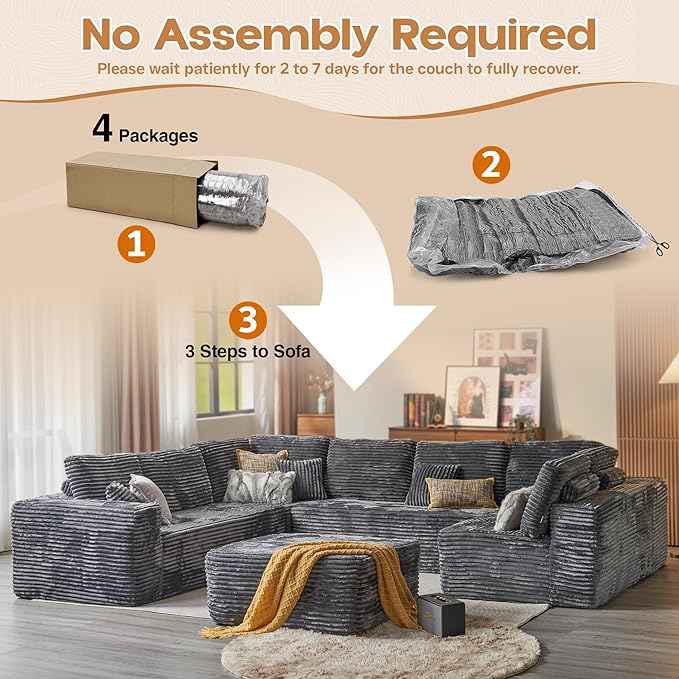 Cloud Sectional Couches for Living Room,U Shaped Modular Sofas No Assembly,135x100 Inches Plush Corduroy Oversized Floor Couch Set with Deep Seat Chaise,Grey