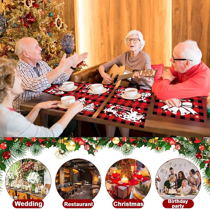 Christmas Placemats Set of 6 Red and Black Plaid Table Mats Plastic Xmas Recyclable Place Mats Washable Holiday Table Decoration for Indoor Outdoor Christmas Party Kitchen Dining