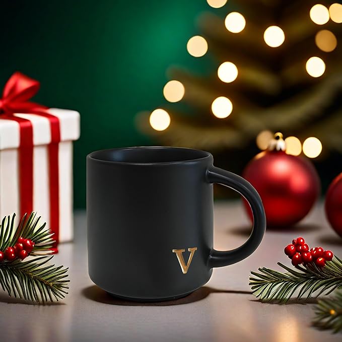 COLLECTIVE HOME - Black Monogram Ceramic Mugs, 15 oz Golden Initial Coffee Cups, Elegant Alphabet Tea Mugs, Personalized Halloween Mug with Gift Box, Perfect for Office and Home Décor (v)