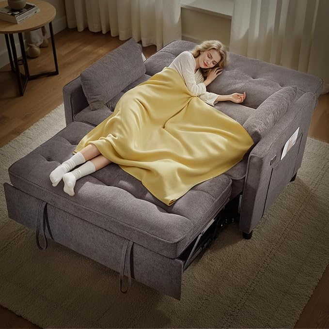 Convertible Sofa Bed, 3 in 1 Pull Out Couch, Loveseat Sleeper with Side Pocket, Living Room Sofa with Adjustable Backrest | USB Charging Port | Two Pillows | Towel Fabric | Dark Gray