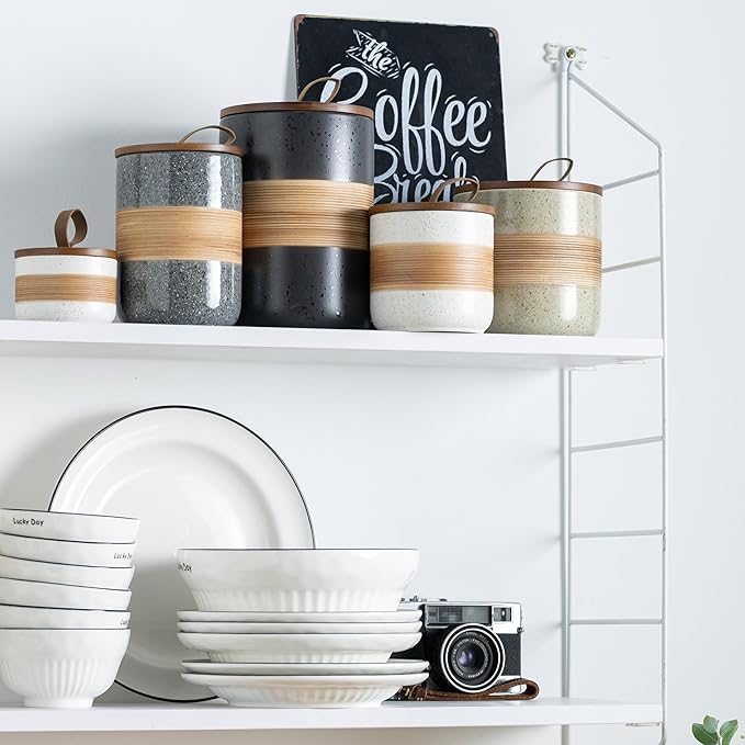 Coffee Container Jar with Lid, Ceramic Kitchen Food Storage Jars for Spice Sugar Cookie, Stackable Decorative Jars for Coffee Bar, Black & 28oz