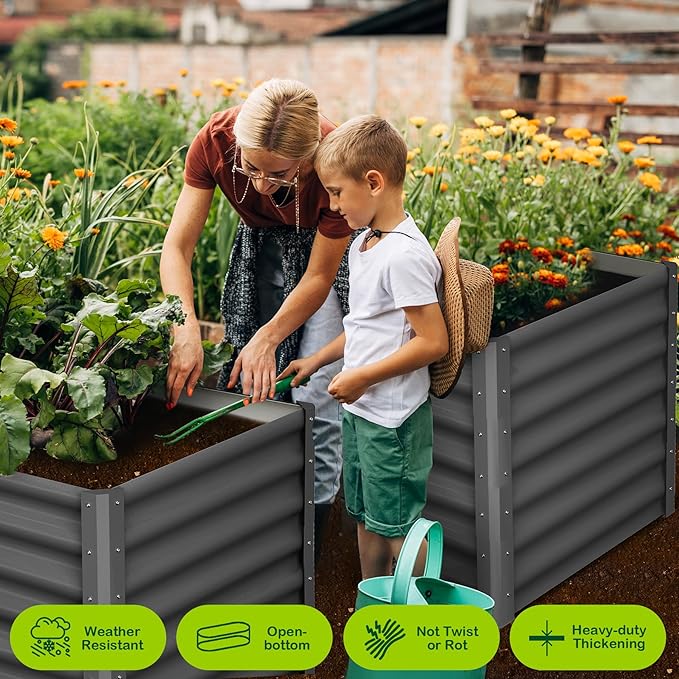 Galvanized Raised Garden Bed Outdoor, 2 Pcs 6x3x2FT Outdoor Large Planter Raised Beds Open Base with Safety Edge and Glove for Vegetables Flowers Ground Planter, Dark Gray