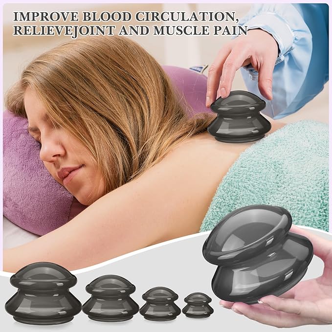 Geiserailie 16 Pcs 4 Sizes Cupping Therapy Set Silicone Cupping Massage Cups Professional Chinese Therapy Cup Vacuum for Body Muscle Nerve(Onyx)