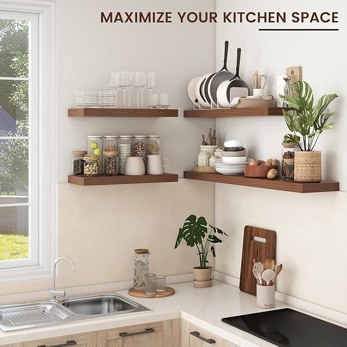 Floating Shelves - 2 Large Wall Mounted Shelves with Invisible Brackets, Long Walnut Wood Floating Wall Shelf for Living Room, Bedroom, Kitchen (48" W x 9" D x 1.5" H)