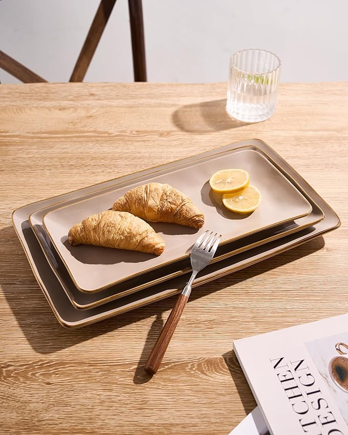 famiware Serving Platter, Rectangular 15.67/14.1/12.6 inch Serving Dishes for Entertaining, Microwave Dishwasher Safe, Stonware Serving Trays for Party, Turkey, Cheese, Ocean Series, Cinnamon Brown