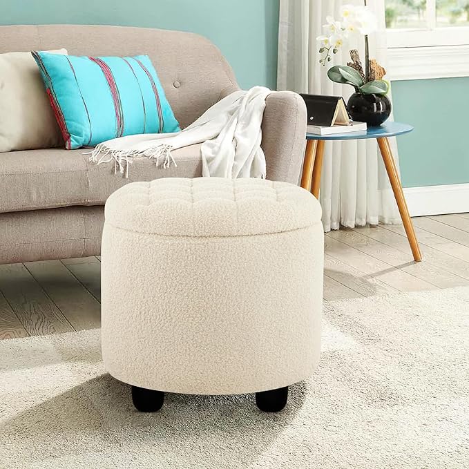 Furniliving Modern Round Storage Ottoman,Button Tufted Ottoman Foot Stools Ottoman Footstool with Removable Lid Storage Ottomans for Living Room, Bedroom, Makeup Room,Sherpa, IvoryWhite