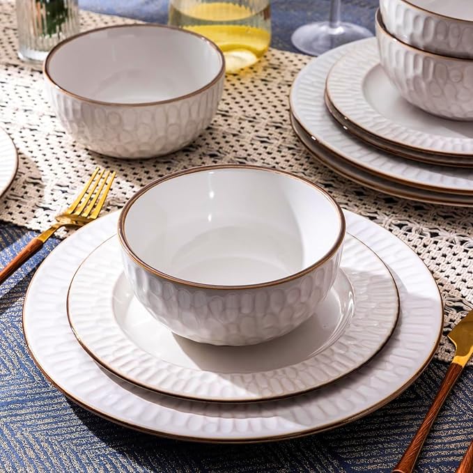 GBHOME Ceramic Dinnerware Sets,12 pcs Embossed Elegant Stoneware Plates and Bowls Sets, Housewarming Wedding Gift | Dishwasher & Microwave Safe | Dishes Set Service for 4