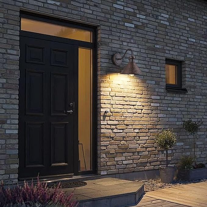 Dusk to Dawn Outdoor Gooseneck Wall Sconce with Dark Sky Cast Hammered Aluminum Shade in Oil Rubbed Bronze Finish,Anti-Rust Waterproof Outdoor Light for Farmhouse Porch Garage,1-Light E26