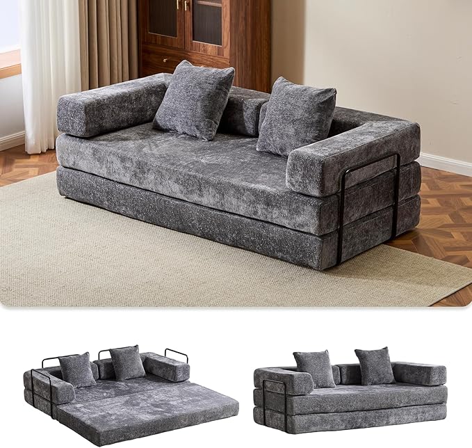 Convertible Sleeper Sofa Bed, Compression Folding Sofa with Pillow, No Assembly Required, Shape Frame, Floor Sofas Lounge Couch for Living Room, Bedroom, Small Spaces(Chenille, 77''W, Dark Grey)