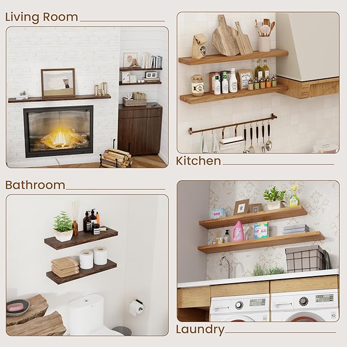 Floating Shelves for Wall Decor, 8 Inch Deep Rustic Solid Elm Wood Floating Shelves Wall Mounted, Wall Shelves with Invisible Bracket for Living Room Bathroom Bedroom Kitchen, 40 Inch Set of 1, Walnut