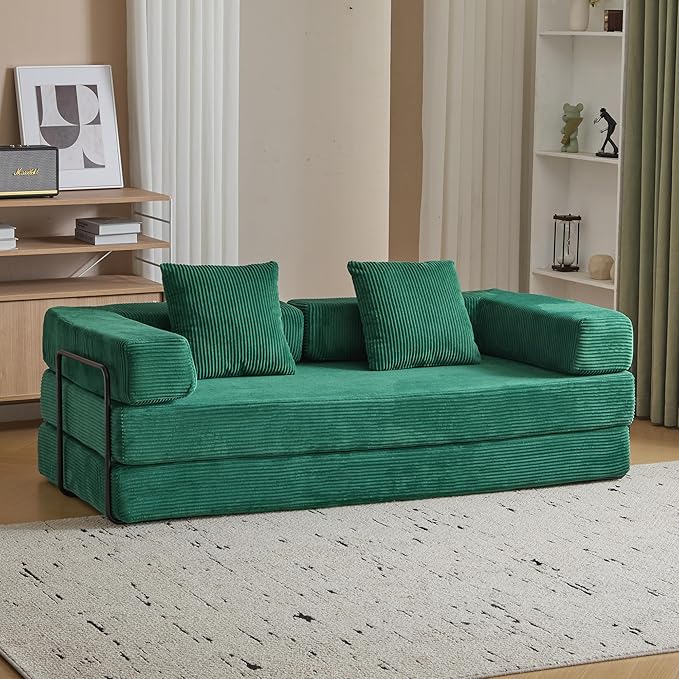 Convertible Sleeper Sofa Bed, Compression Folding Sofa with Pillow, No Assembly Required, Shape Frame, Floor Sofas Lounge Couch for Living Room, Bedroom, Small Spaces(Corduroy, 77''W, Dark Green)