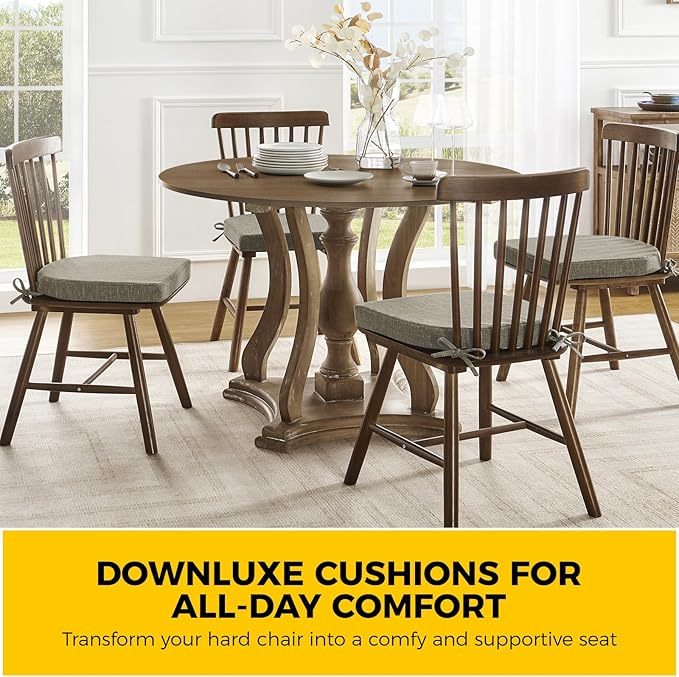 downluxe Indoor Chair Cushions for Dining Chairs, Soft and Comfortable Textured Foam Kitchen Chair Pads with Ties and Non-Slip Backing, 16" x 16" x 2", Khaki, 4 Pack