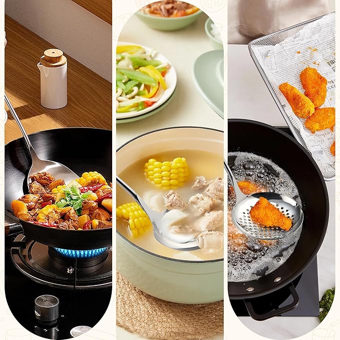 FJNATINH Wok Spatula - Ladle - Skimmer - Stainless Steel Wok Tools,Wok Utensil,Mirror Polished Stainless Steel Cooking Utensils 14.6-15.2" Kitchen Utensils Cookware, Pack of 3