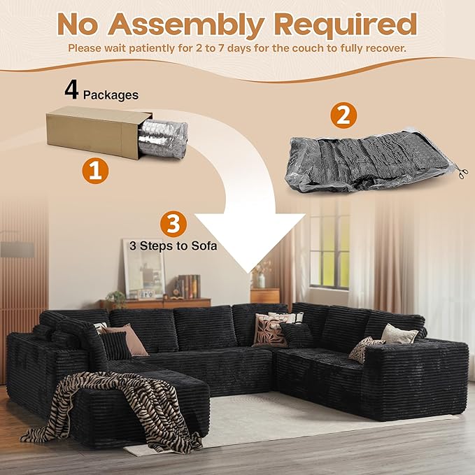 Cloud Sectional Couches for Living Room,U Shaped Modular Sofas No Assembly,135x100 Inches Plush Corduroy Oversized Floor Couch Set with Deep Seat Chaise,Black