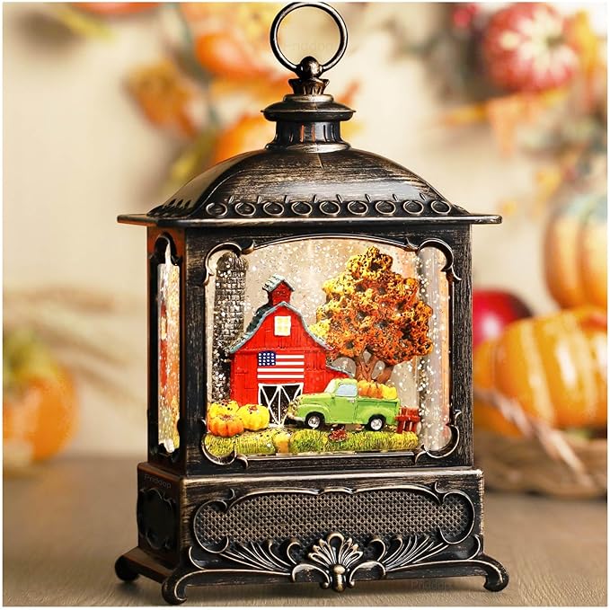 Fall Snow Globe Lantern Fall Decorations for Home Thanksgiving Gifts Autumn Harvest Fall Decor Swirling Glitter Snow Globes Barn Truck Pumpkin Farm