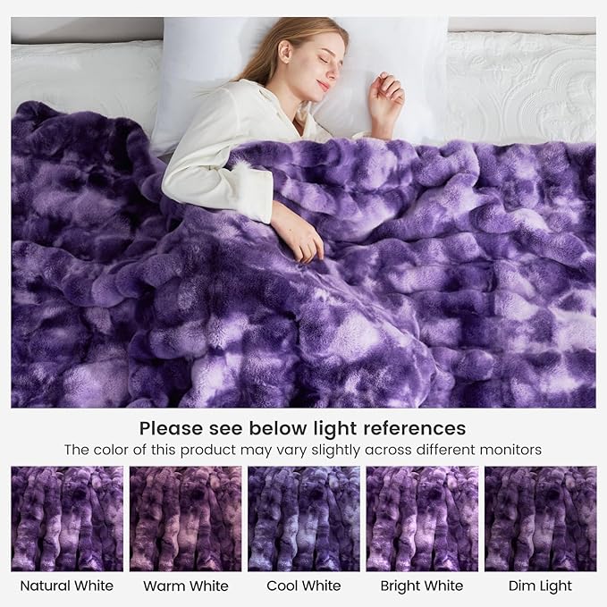 Cozy Bliss Faux Fur Throw Blanket for Couch, Fuzzy Soft Plush Thick Bubble Blanket for Sofa Bedroom Living Room, 60 * 80 Inches Tie-dye Purple
