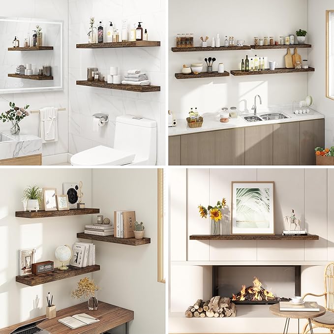 Dreamland 36 Inches Floating Shelves for Wall, 9.3" Deep Long Floating Shelves Set of 2, Large Display & Storage Shelf, Wall Shelf for Bathroom Bedroom Living Room Kitchen Office, Rustic Brown