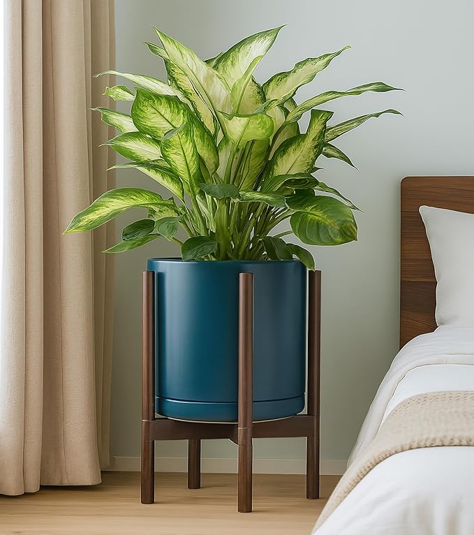 D'vine Dev Ceramic Planter with Walnut Color Stand - 12 Inch Modern Round Flower Pot with Wood Planter Holder, Teal, 55-B-W-4