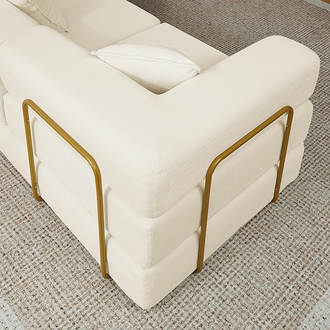 108" Oversized Convertible Sleeper Sofa Bed, Corduroy L Shape Sectional Couch, Folding Sofa Bed with Side Pocket, Modern Cloud Floor Mattress Couch, Modular Sofa for Living Room, Beige