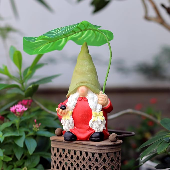 Garden Female Gnome Statue Decoration with Leaf Umbrella, 7.5” Figurine Ornament for Indoor Outdoor Home Patio Yard Lawn, for Gnome Lovers & Garden Enthusiasts,Mom,Women