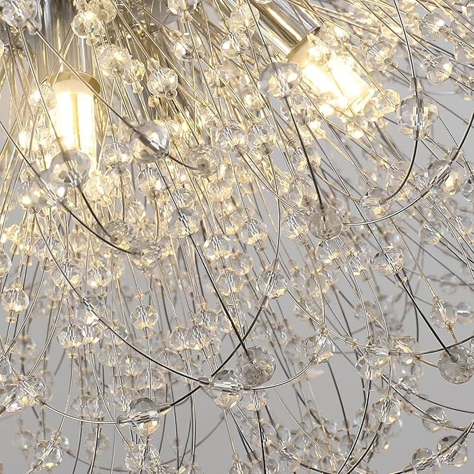 Dandelion Crystal Chandelier with Chrome, Modern Large Sputnik Hanging Lamp, Sunflower Beaded Pendant Light Fixtures High Ceiling for Living Room Bedroom Dining Room (Chrome 16Lights)