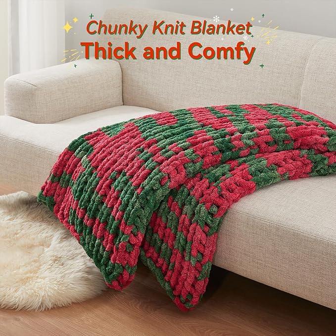 Chunky Knit Throw Blanket, 60''*80'' Knitted Throw Chenille Yarn for Bed Couch, Handmade Stripe Crochet Big Thick Blanket, Machine Washable Cute Comfy Blanket for Home Decor