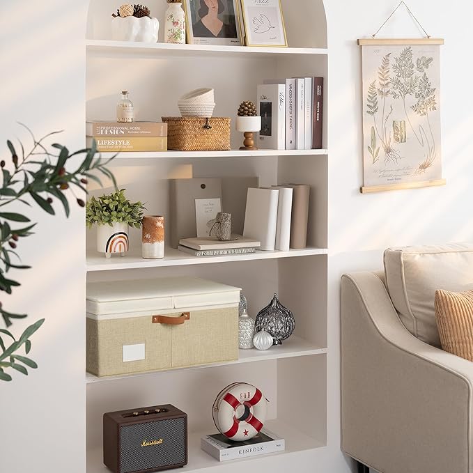 GRANNY SAYS Decorative Storage Boxes with Lid, Large Storage Bins with Double-Open Lid and Divider, Fabric Storage Bin for Clothes, 63L Closet Linen Storage Bin, White/Khaki