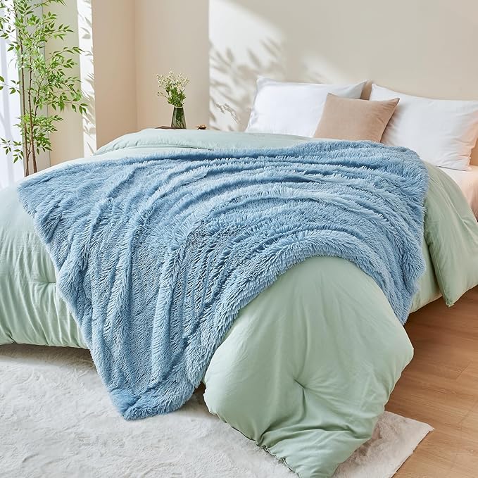 GONAAP Fuzzy Faux Fur Throw Blanket Light Blue Super Soft Cozy Plush Fuzzy Shaggy Blanket for Couch Sofa Bed (Light Blue, Throw(50"x60"))
