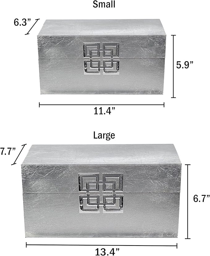 Galt International Storage Box Set Decorative Storage Box w/Hinged Lid Classic Design Wood Decor Boxes with Geometric Clasp Storage for Bedroom & Home - Set of 2 (Silver)