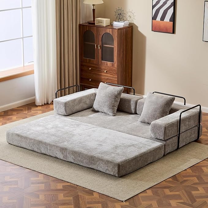 Convertible Sleeper Sofa Bed, Compression Folding Sofa with Pillow, No Assembly Required, Shape Frame, Floor Sofas Lounge Couchs for Living Room, Bedroom, Small Spaces(Chenille, 77''W, Light Grey)