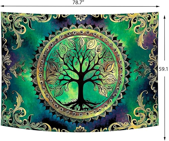 Delur Tree of Life Tapestry Green Nature Bohemian Mandala Spiritual Tapestry Wall Hanging Mystical Landscape Hippie Psychedelic Headboard for Bedroom Living Room Home Decor (59.1" x 78.7")