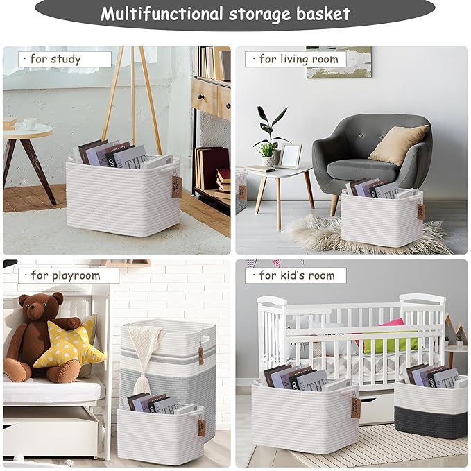 COMFY-HOMI 3PACK Cotton Rope Square Basket with Handles for Shelves|Dog Toy Basket Bin and Storage|Baby Basket for Gif|Shoe basket for Organizing|New13.5" x 11" x 9.5" for Living Room(All White)