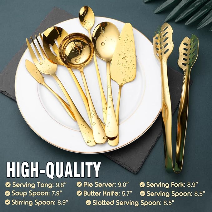 Gold Serving Utensils, OGORI 12-Piece Stainless Steel Serving Utensils Include Serving Spoons, Slotted Spoons, Serving Tongs, Serving Forks, Butter Knife, Stirring Spoon, Soup Ladle, Pie Server