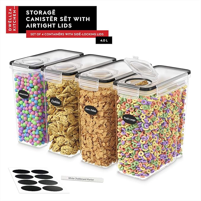DWËLLZA KITCHEN Cereal Containers Storage 4 Pack 135 fl. oz Cereal Dispenser Airtight Food Storage Containers BPA-Free Pantry Organization and Storage, Canister for Flour & Sugar 1 Marker 8 Labels