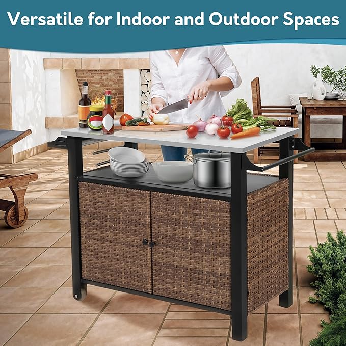 Grill Cart Outdoor with Wheels, Outdoor Prep Table with Wicker Storage and Rolling Wheels, Kitchen Island Serving Cart with Stainless Steel Table Top for BBQ, Porch, Patio, Brown