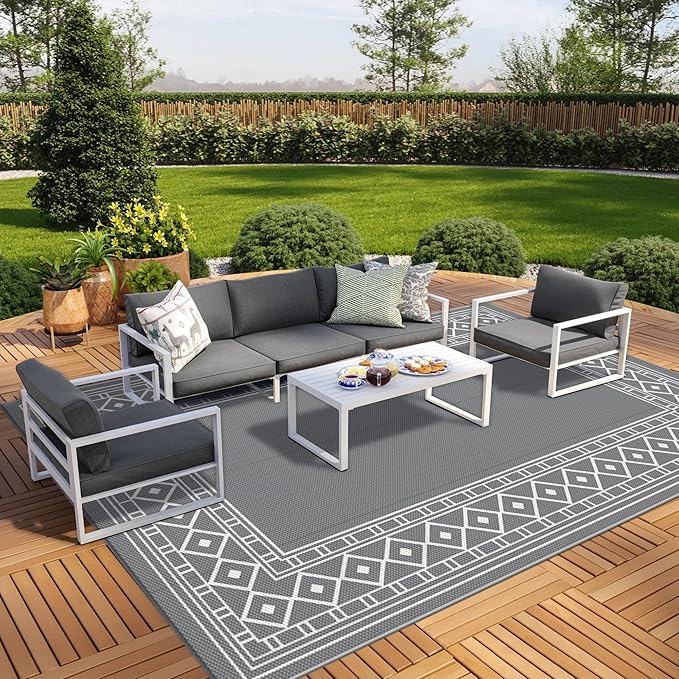 GENIMO Outdoor Rug Waterproof for Patio Decor, 8'x10' Reversible Outdoor Plastic Straw Rug Carpet, Camping Mats for Outdoor Decor, RV, Backyard, Deck, Balcony, Picnic, Grey & White