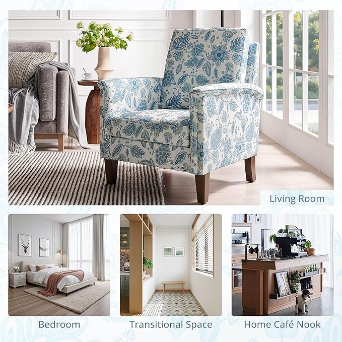 Floral Accent Chair, High Back Upholstered Armchair with Solid Wooden Legs, Padded Armrest and Removable Comfortable Cushioned Seat Single Sofa for Living Room, Bedroom, Blue