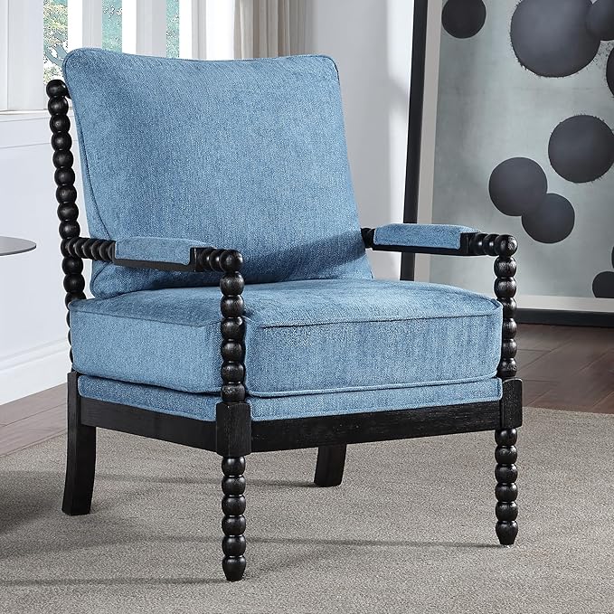 DUHOME Linen Fabric Spindle Accent Chair with Wood Frame,Modern Accent Spool Chairs with Padded Spring Seat and Brushed Blue Base for Living Room Bedroom Farmhouse Home Office Belcony