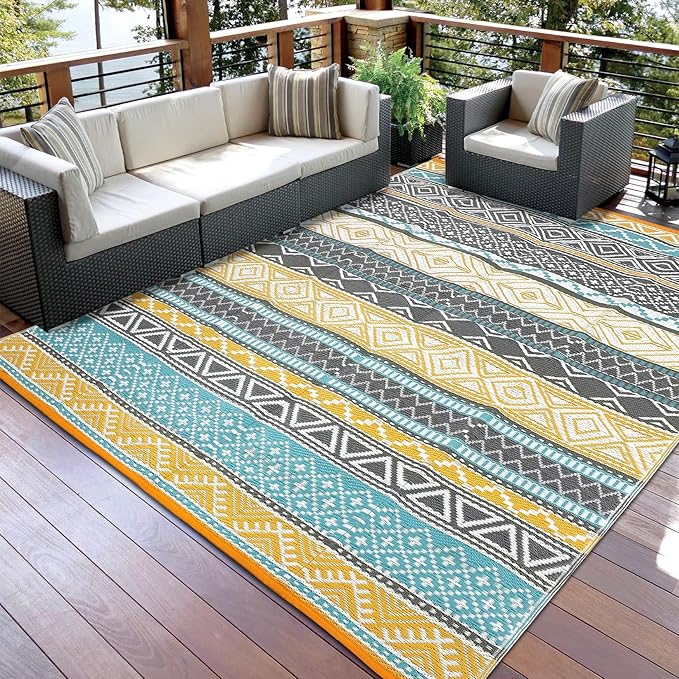 GAOMON Outdoor Plastic Straw Rug, 10'x14' Reversible Sage Green Patio Mat, Flower Modern Design for RV, Backyard, Deck, Camping, Picnic, Teal/Yellow(Bohemia)