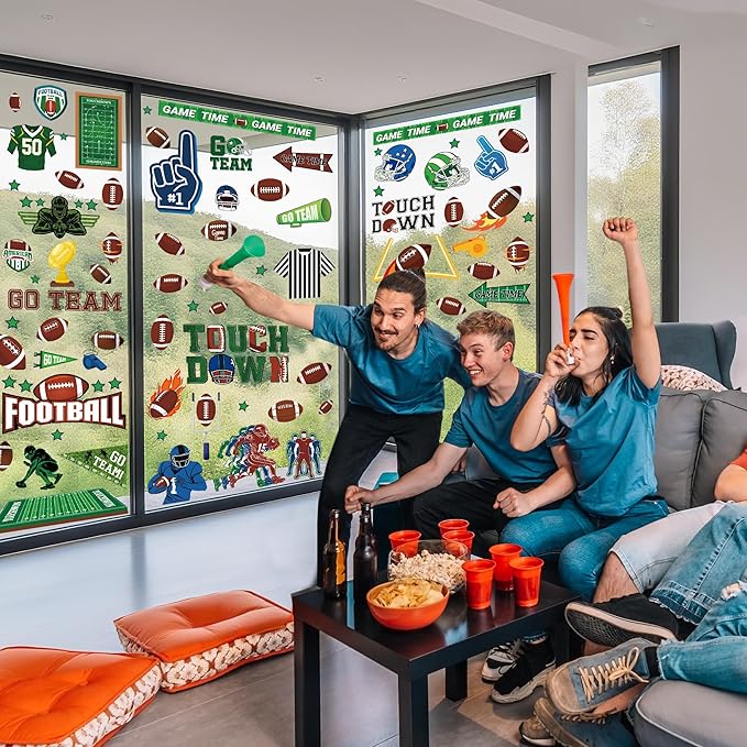 Football Window Clings, Football Party Decorations, Touch Down Party Window Stickers, Green Brown Themed Stickers Decal Gel for Touchdown Party Decor Accessories Set