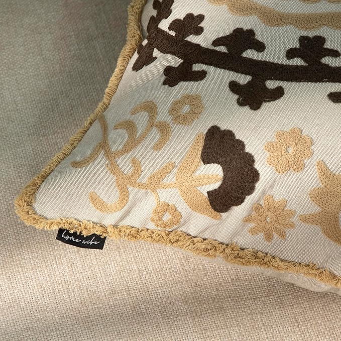 Embroidered Floral Mandala Vintage Indian Cotton Decorative Embroidery Throw Pillow Covers, Fringes Lace Cushion Cover, Pillow Case for Sofa Couch Bed Chair 18" x 18"