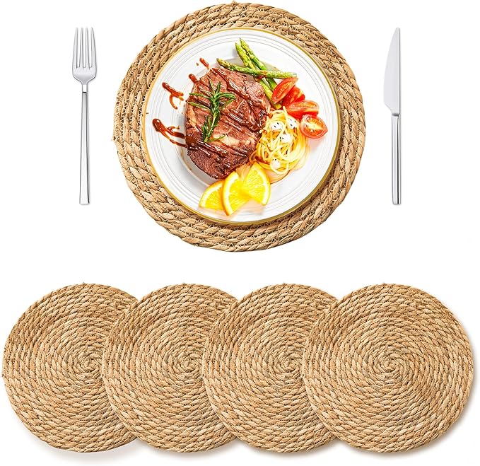 Defined Deco Woven Placemats Set of 4,13" Round Rattan Placemats,Natural Hand-Woven Water Hyacinth Placemats,Farmhouse Weave Place Mats,Rustic Braided Wicker Table Mats for Dining Table,Home,Wedding.